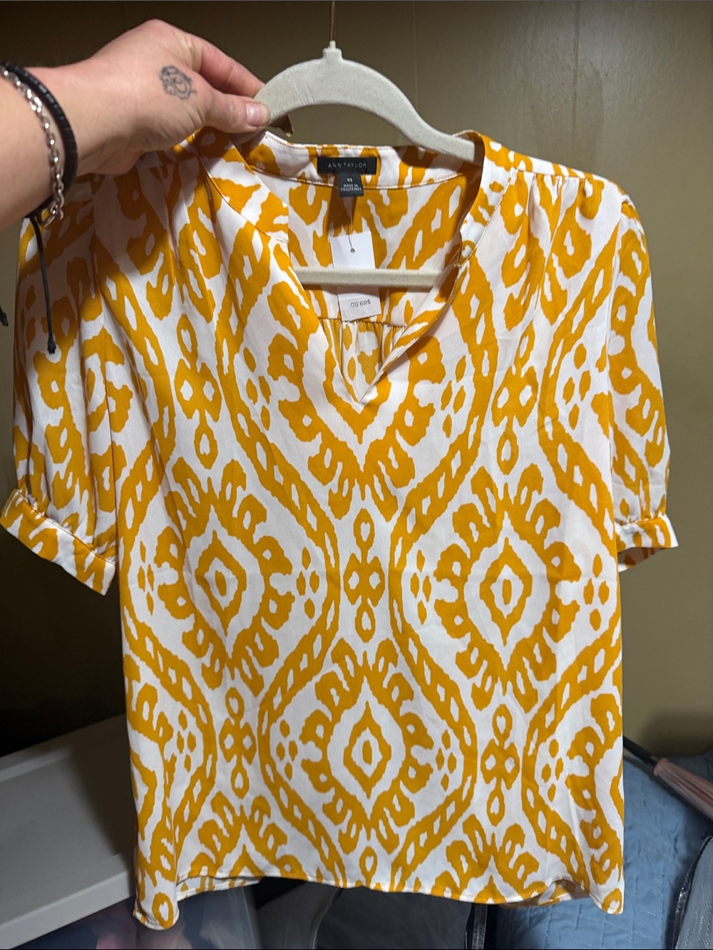 Talbots Yellow and White Ikat V‑Neck Short Sleeve Top